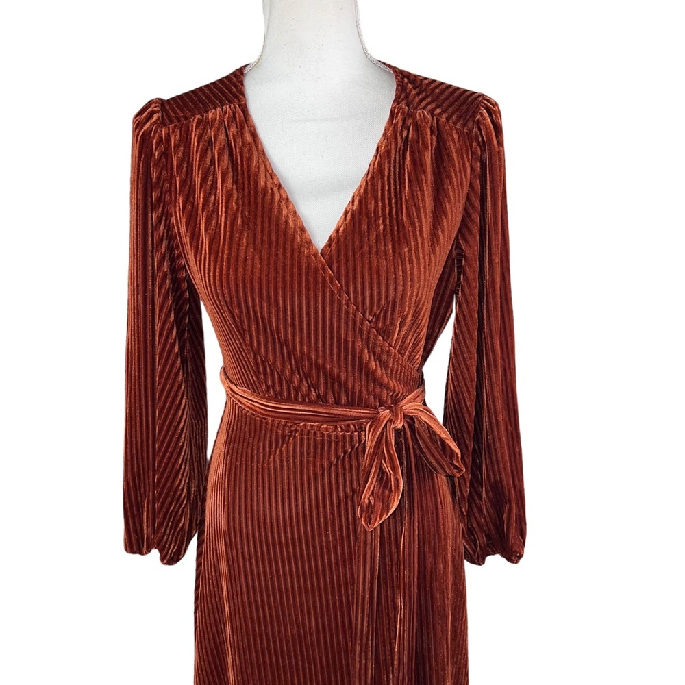 NWT Burnt Orange Ribbed Wrap Dress Long Sleeves Small - Picture 4 of 16